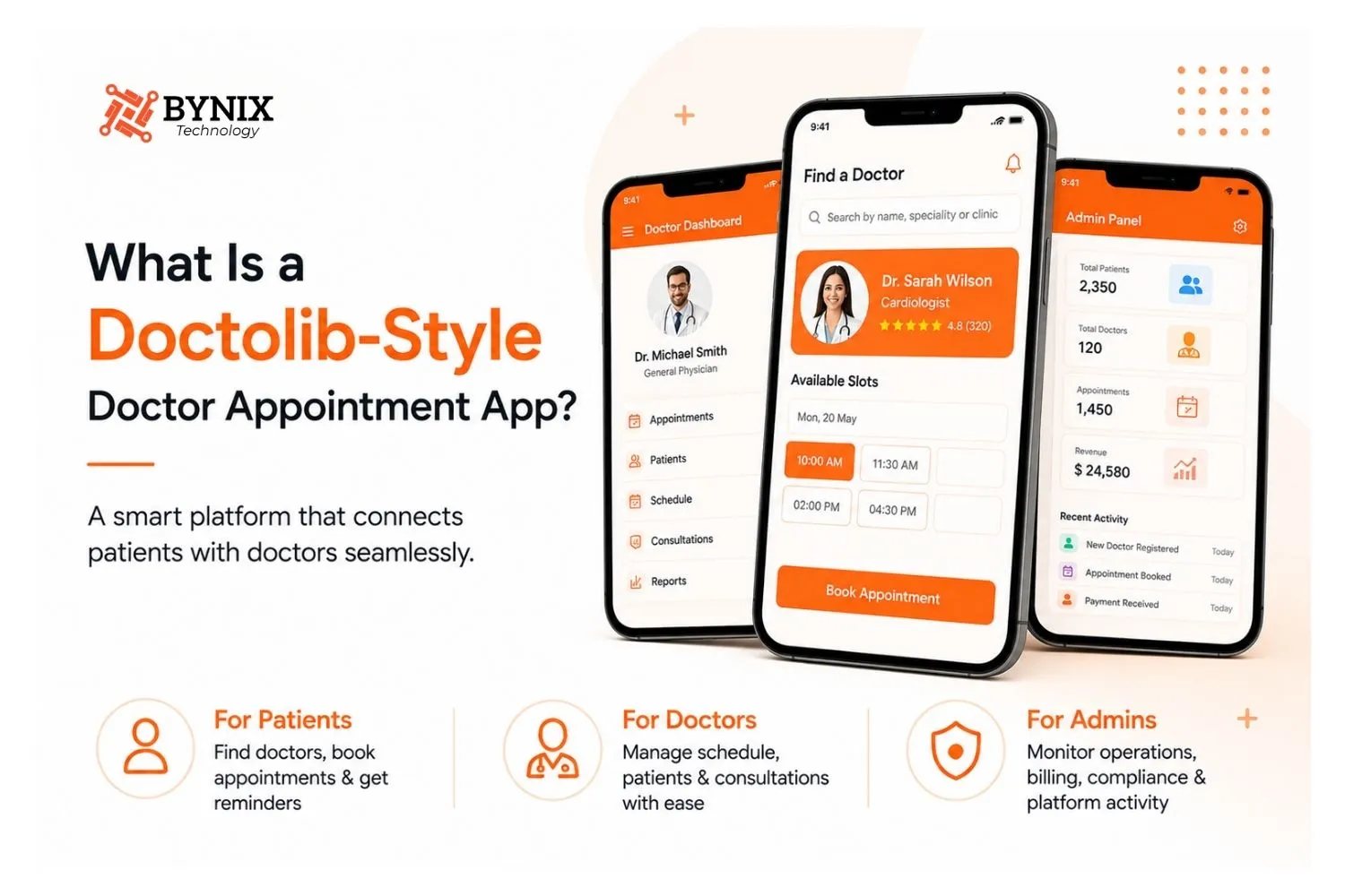 Doctolib-style doctor appointment app for patients, doctors, and admins
